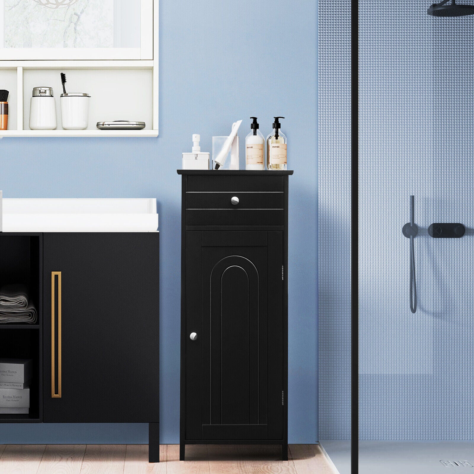 1-Door Freestanding Bathroom Storage Cabinet with Drawer and Adjustable Shelves-Black